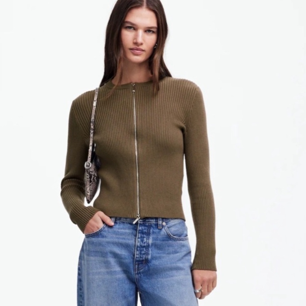Madewell Zip-Front Ribbed Cardigan Sweater in Dark Cargo